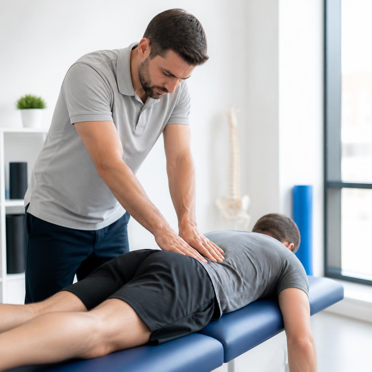 Fizjoterapeuta wykonujący badanie mechaniczne kręgosłupa metodą McKenziego