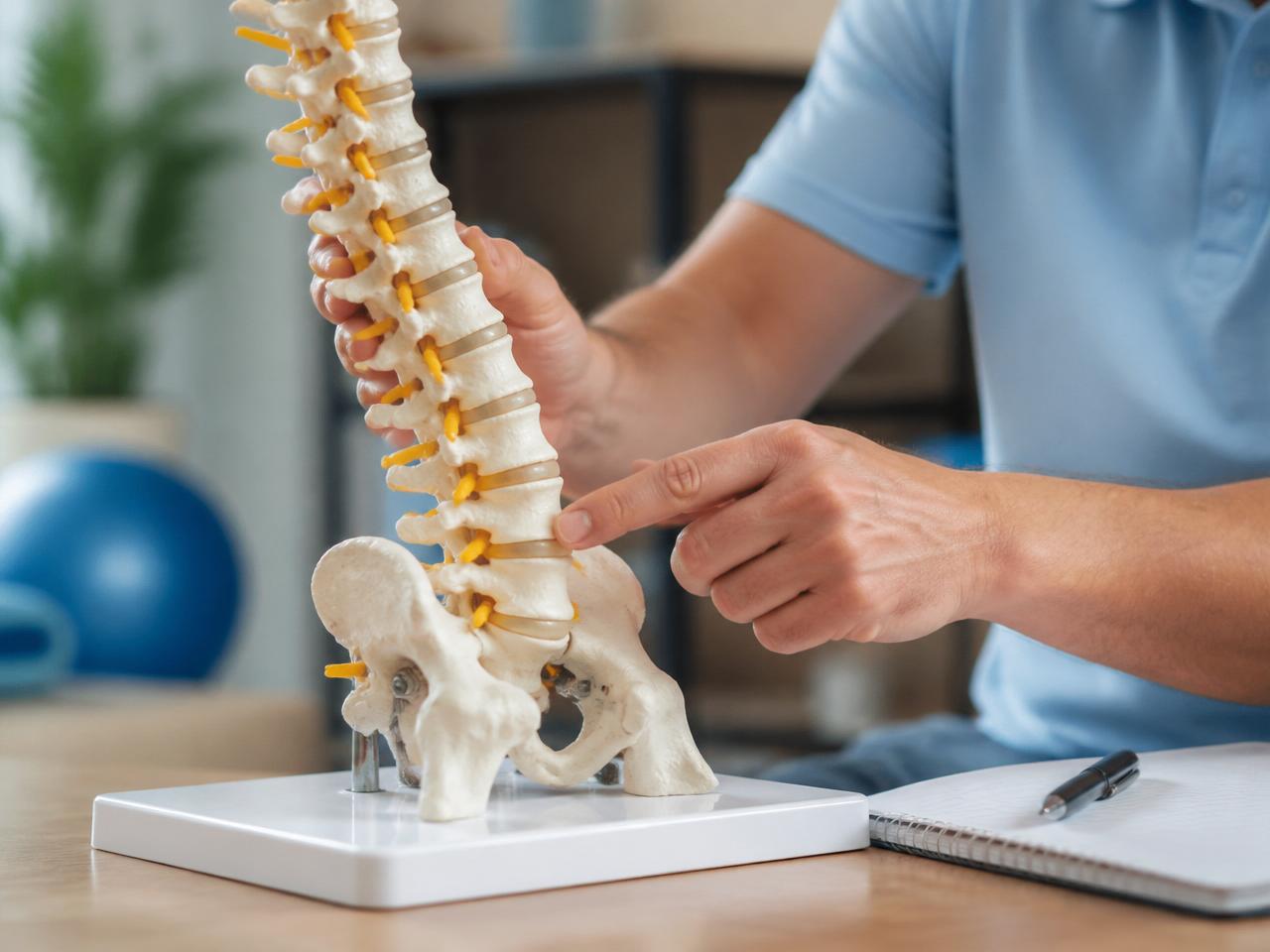 Fizjoterapeuta pokazujący na modelu anatomicznym kręgosłup lędźwiowy